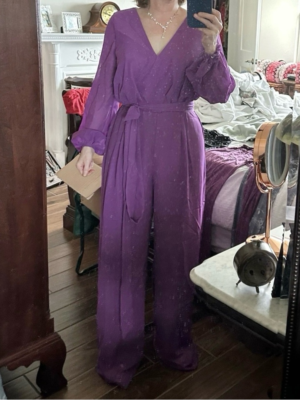 AW. Bridal Purple V-Neck Long Sleeve Jumpsuit with Belt, size 6-8